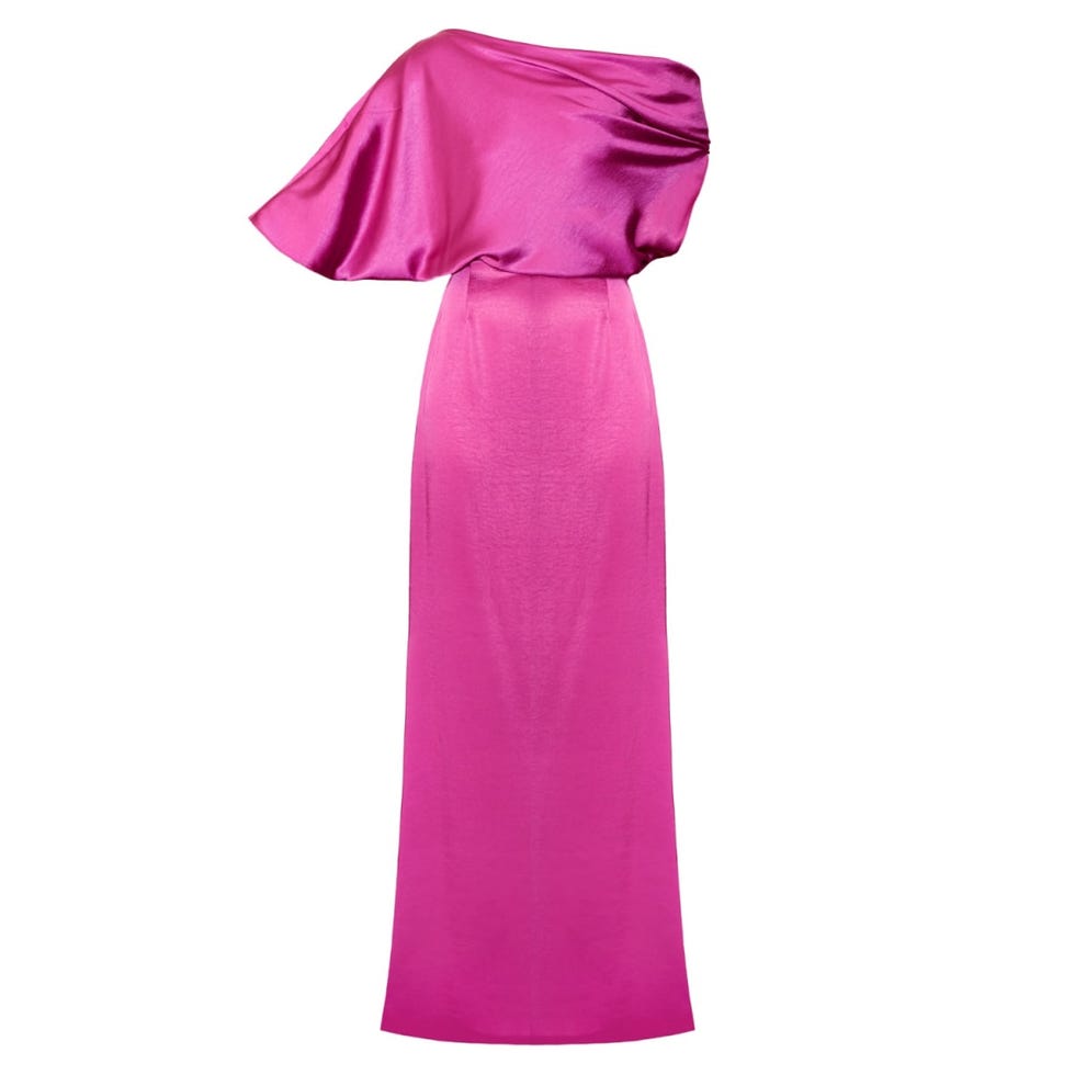 Helen Magenta Pink Satin Asymmetric Maxi Evening Dress