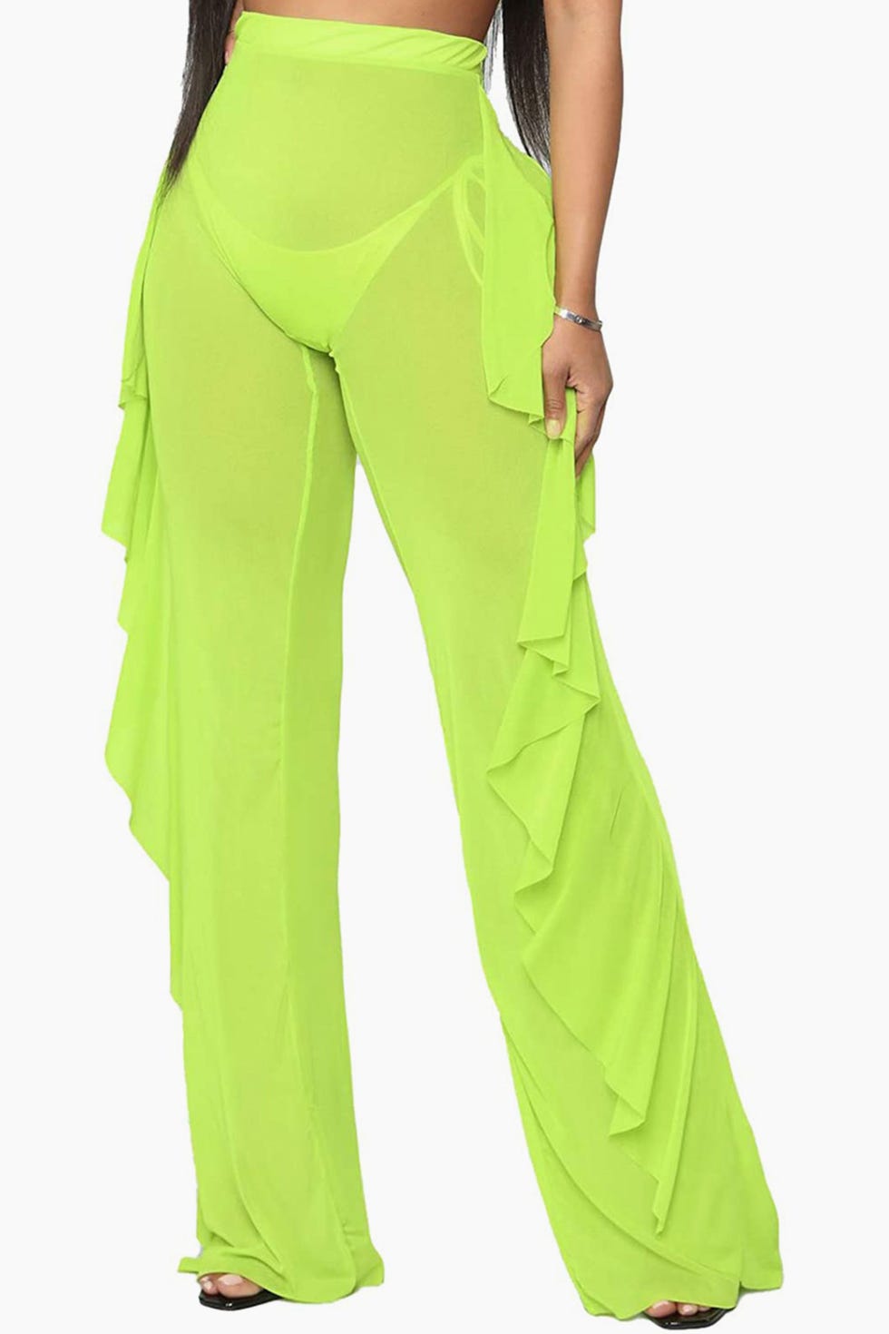 Fashion (Orange)Ruffle Women Beach Mesh Pants Sheer Wide Leg Pants