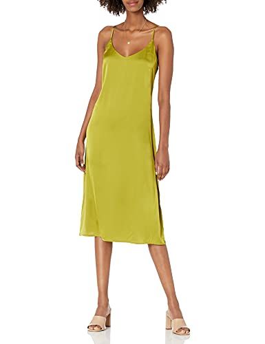 Ana Silky V-Neck Midi Slip Dress in Chartreuse