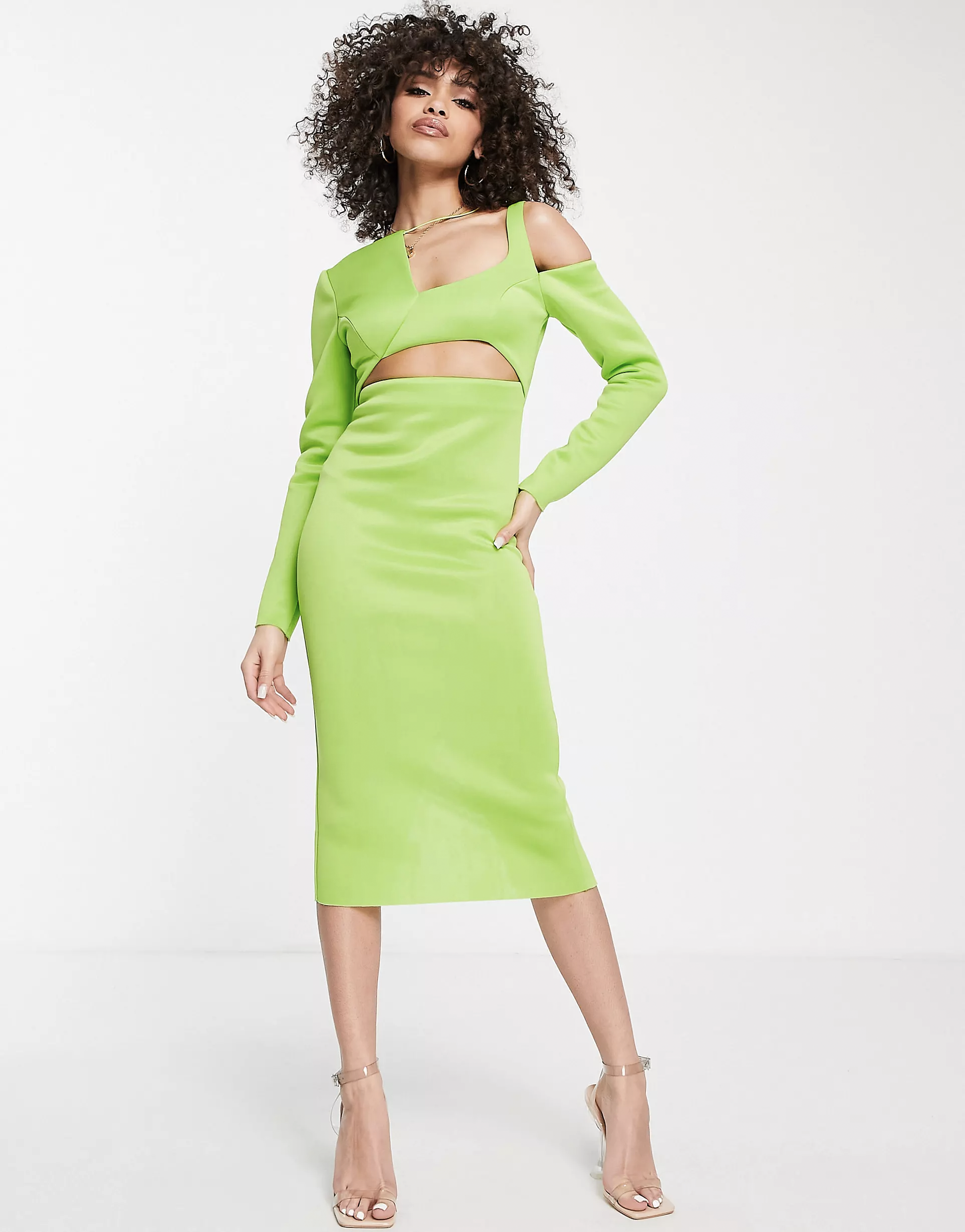 Long sleeve asymmetric cut out midi dress in lime green