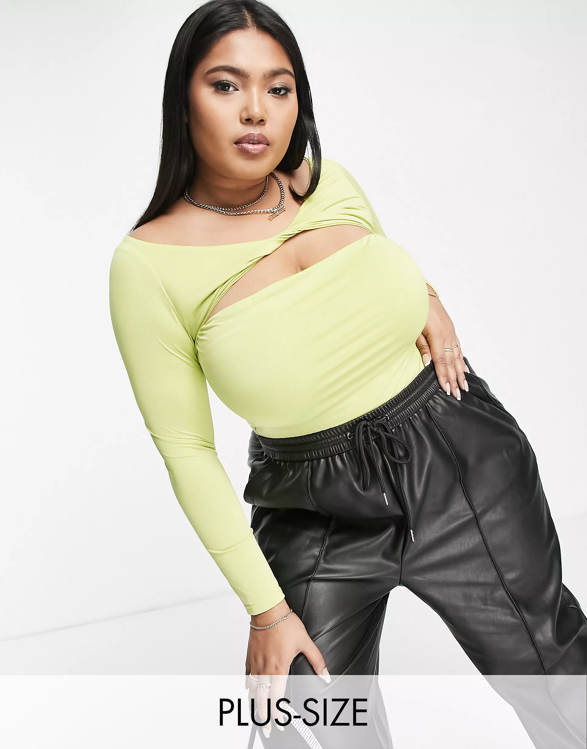 Slinky long sleeve cut out top with twist detail in lime