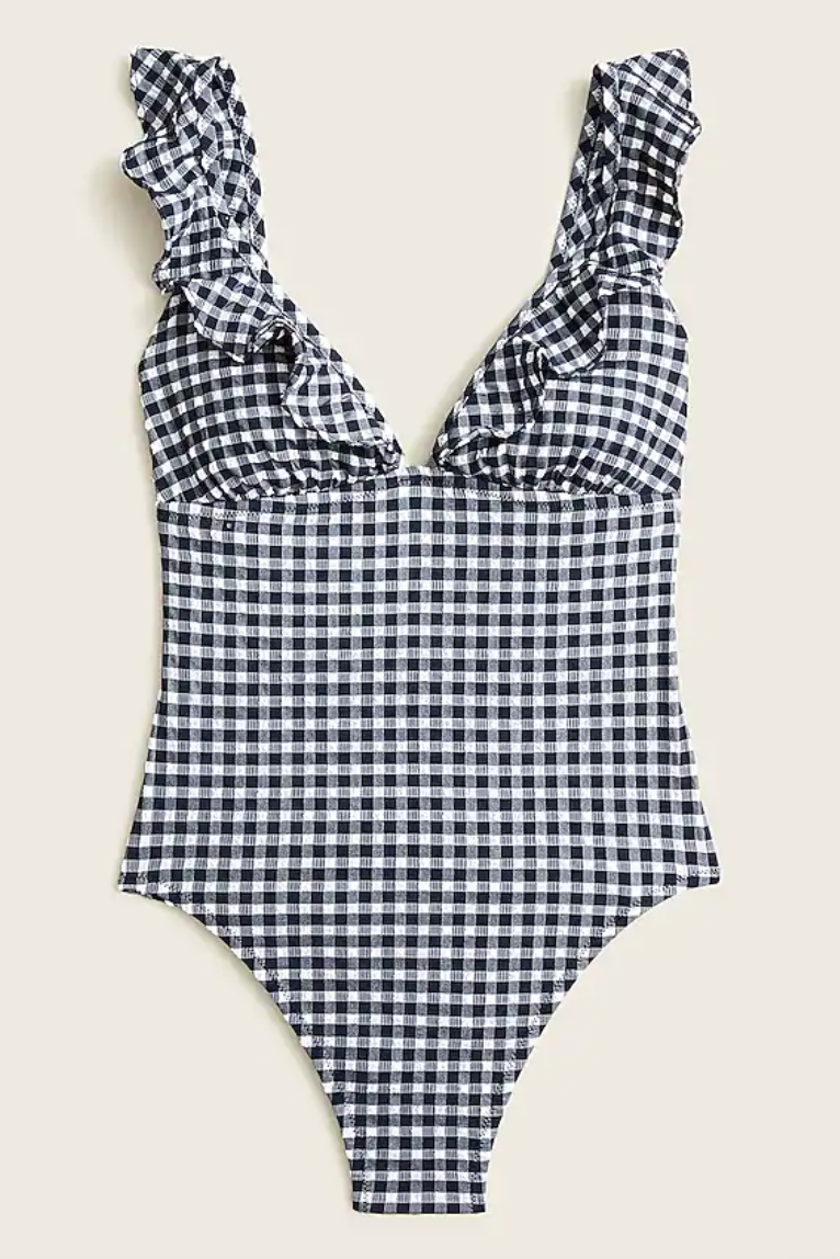 Ruffle V-neck one-piece in gingham