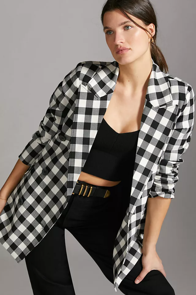 Double-Breasted Gingham Blazer