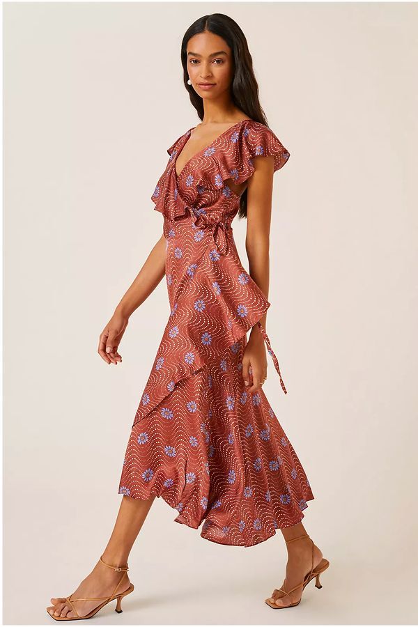 Ruffle-Sleeve Printed-Wrap Maxi Dress