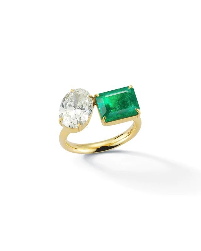 Diamond Oval and Emerald Two Stone Ring