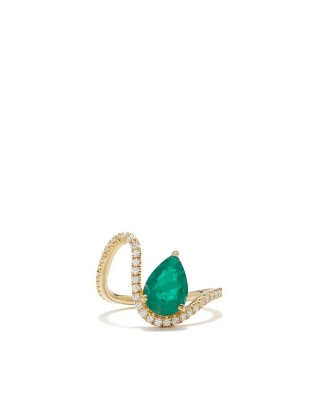 Trace Curved Diamond, Emerald & 18kt Gold Ring