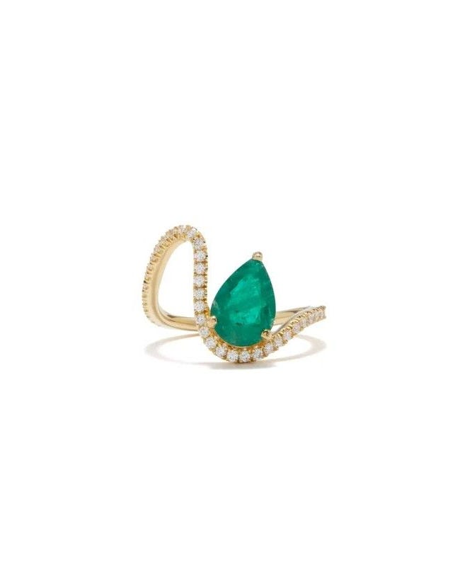 Trace Curved Diamond, Emerald & 18kt Gold Ring