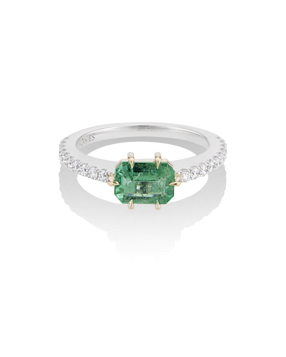 Horizontal 6 Claw Emerald & Diamond Engagement Ring