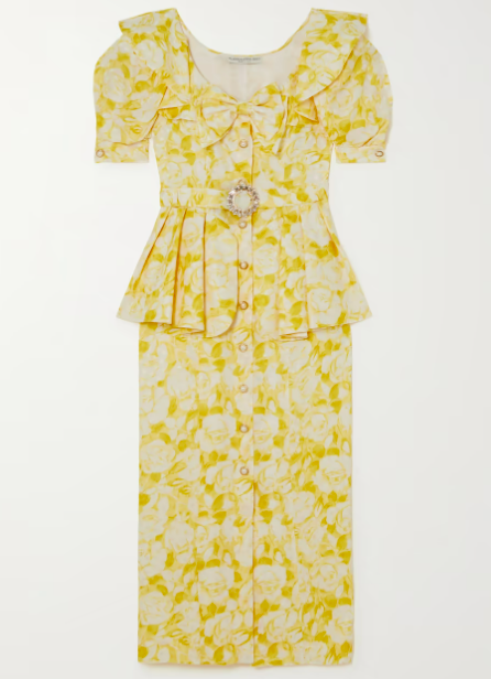 Belted floral-print silk-jacquard peplum midi dress
