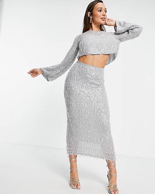 Sequin & Crystal Fringe Midi Skirt 