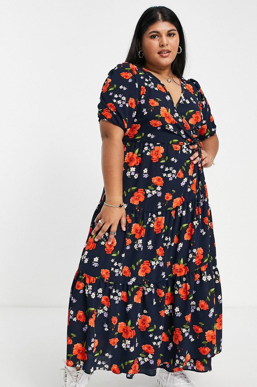 Wrap front tiered smock midi dress in navy floral print - ASOS summer dresses