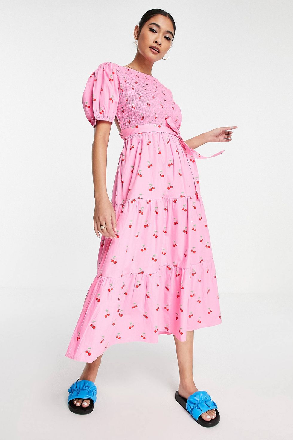 Shirred top tiered midi tea dress with tie back in pink cherry print - ASOS summer dresses