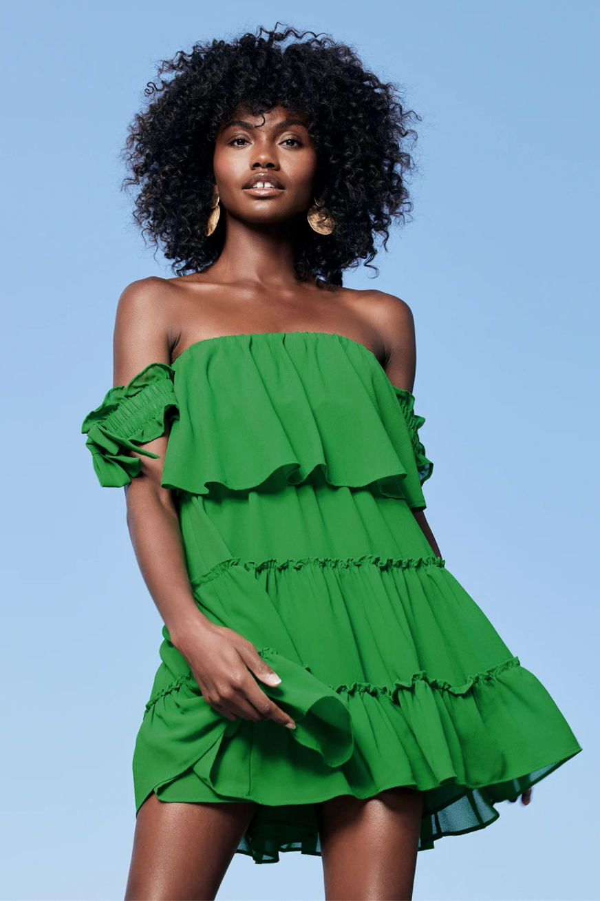 Tiers To My Heart Green Off-the-Shoulder Ruffled Mini Dress