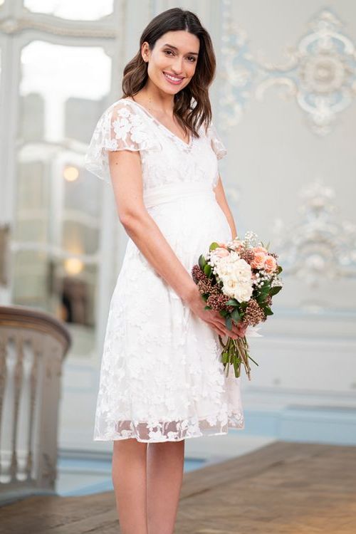 White floral lace maternity to nursing occasion dress