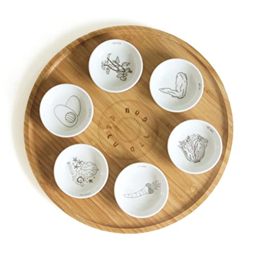 Bamboo Seder Plate With Six Ceramic Bowls