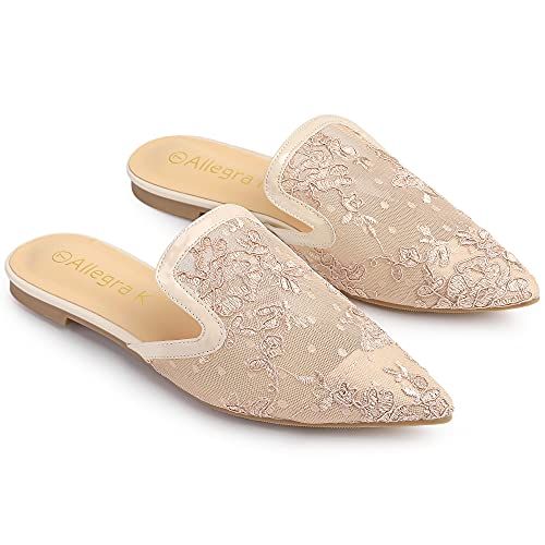 Women's Pointed Toe Floral Embroidery Beige Mules