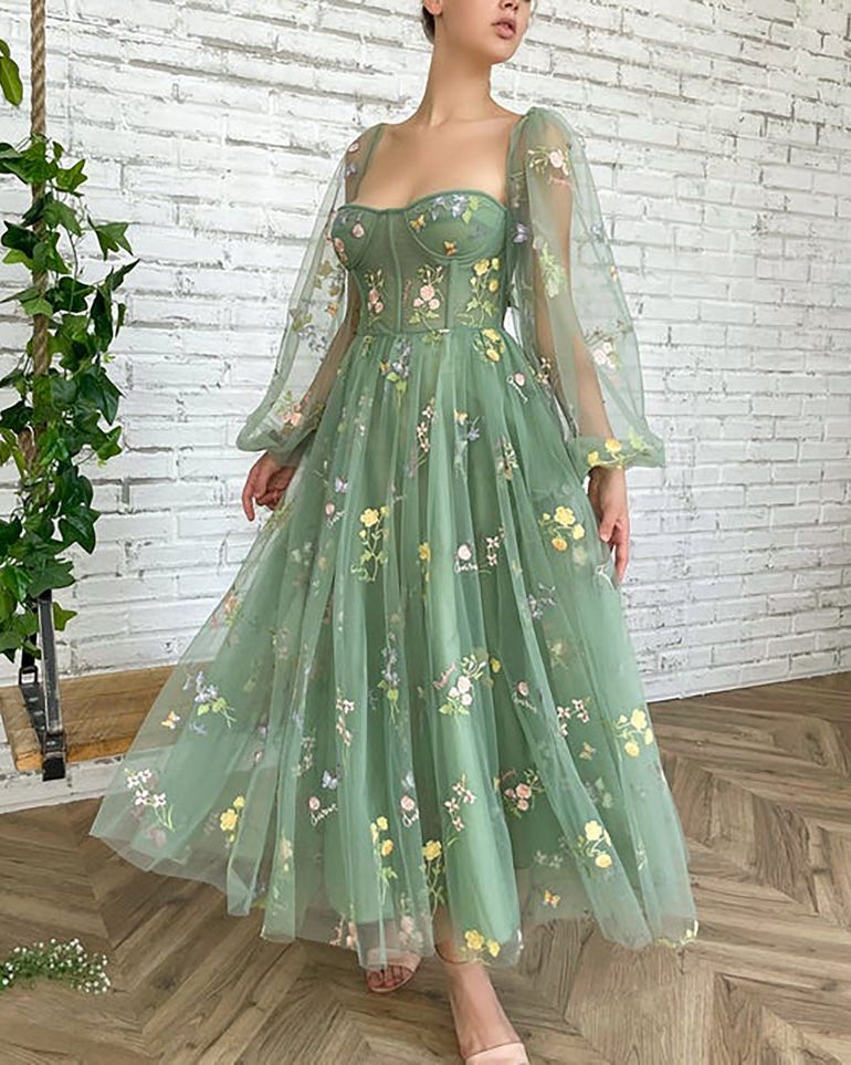 Green Fairy Embroidered Flowers Tulle Prom Dress