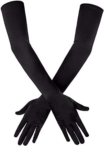 Long Black Elbow Satin Gloves 21" Stretchy 1920s 