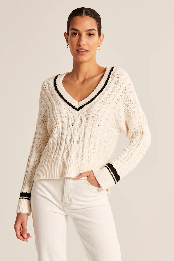 Tipped Slouchy Cable V-Neck Sweater