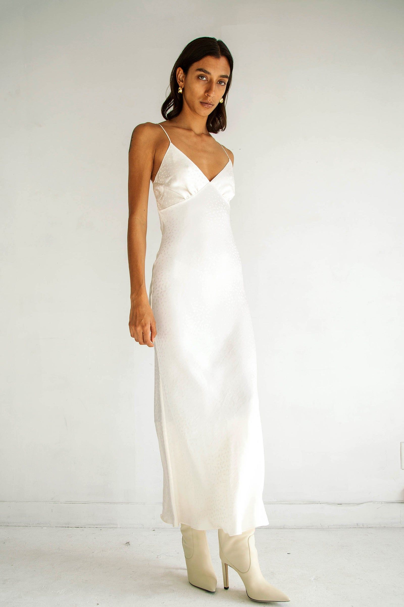 white slip dress with sleeves