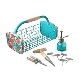Pioneer Woman Breezy Blossom sodo įrankių rinkinys su krepšeliu
