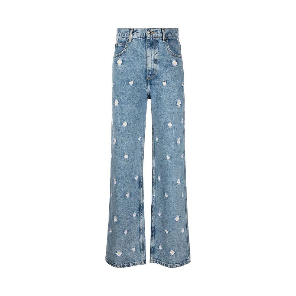 High-Rise Embroidered Flower Jeans