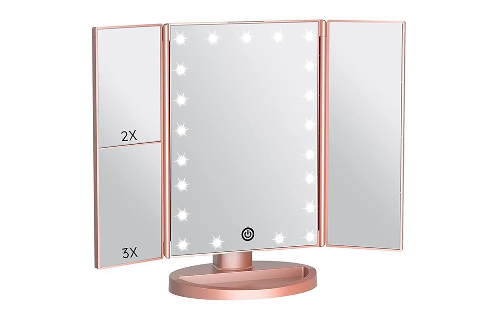 Trifold Lighted Makeup Mirror and Brush Set