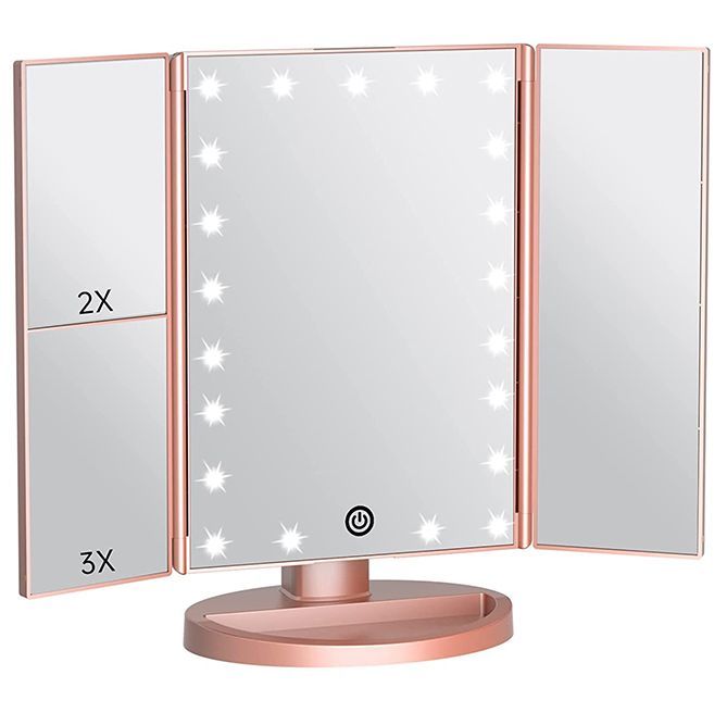 Trifold Lighted Makeup Mirror and Brush Set