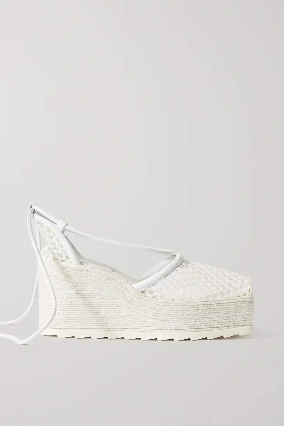 Leather-trimmed mesh espadrille wedge sandals