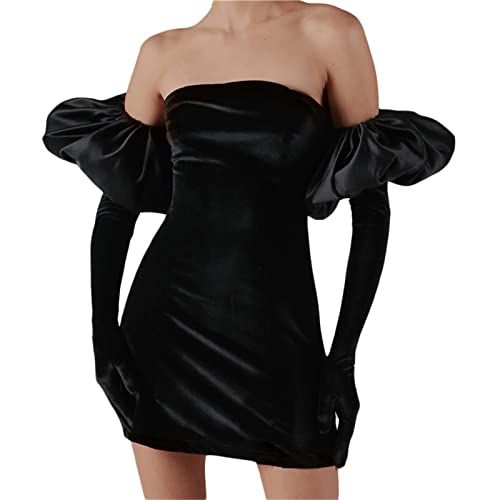 Puff Sleeve Velvet Dress Sexy Off Shoulder Bodycon with Gloves