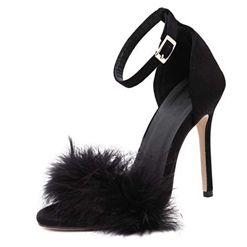 Fluffy Feather Open Toe Ankle Strap High Heel Shoe