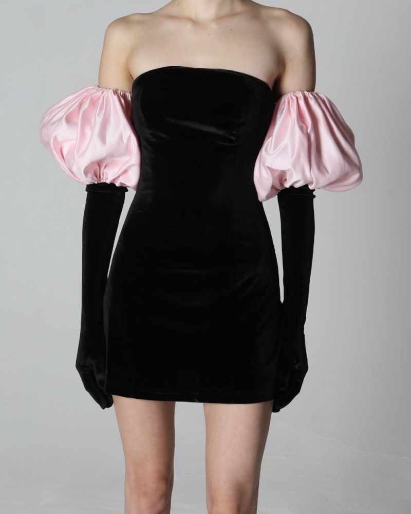 Black Scuba Cupid Dress, Gloves & Pink Puffs