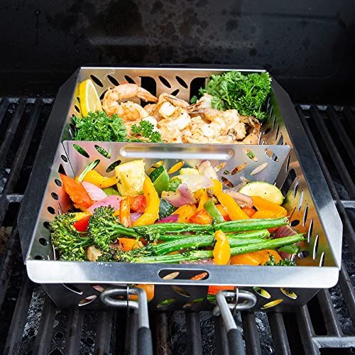 BBQ Grill Tray Vegetable Grill Pans for Outdoor Grill Fish Meat Grill Wok Grill Cookware Grill Accessories for Vegetable AQUEENLY Grill Basket Nonstick Grill Topper with Holes Shrimp 17x11.4 