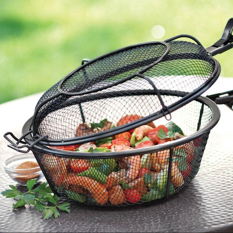Grill Accessories for Vegetable Grilling Baskets for Outdoor Grill Cooking Heavy Duty Vegetable Grill Wok Stainless Steel BBQ Grill Basket with Handles Extreme Salmon Vegetable Grill Basket 
