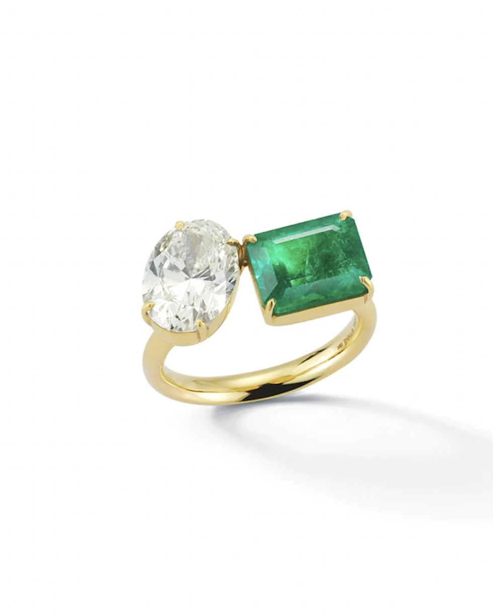 Bespoke Diamond Oval and Emerald Two-Stone Ring