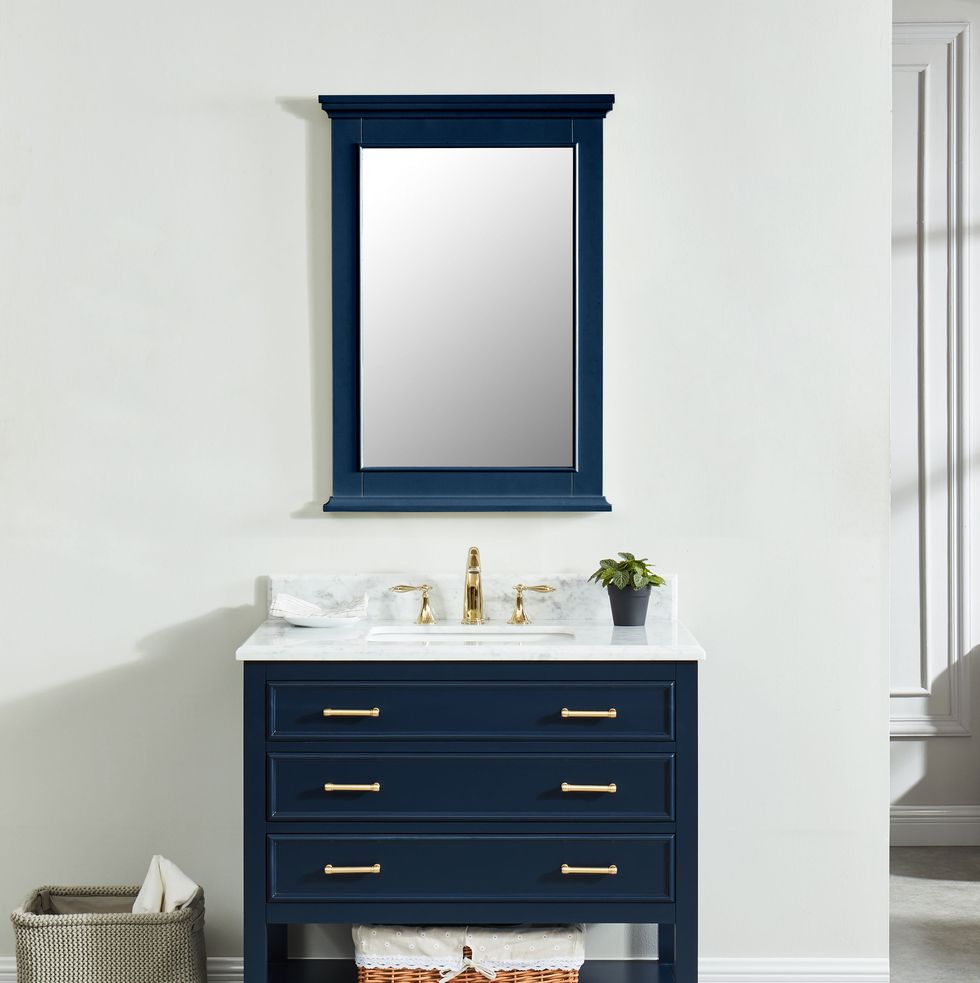 Presnell Navy Bathroom Vanity With White Marble Top