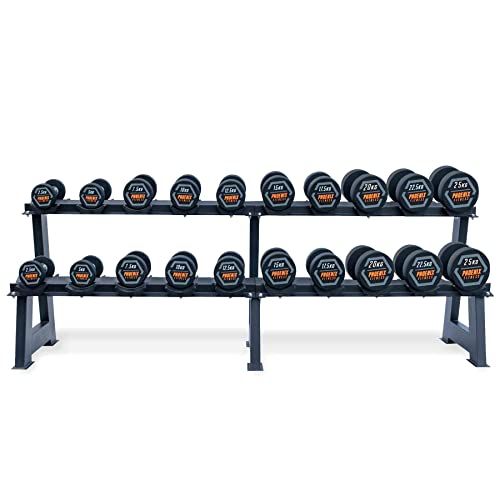 Set of Rubber Coated Dumbbells and Weight Rack