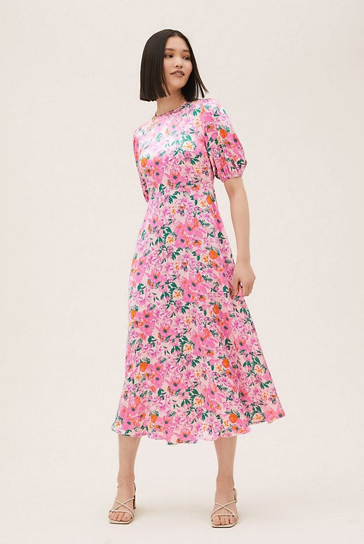 Satin Floral Round Neck Midaxi Tea Dress: Floral dresses