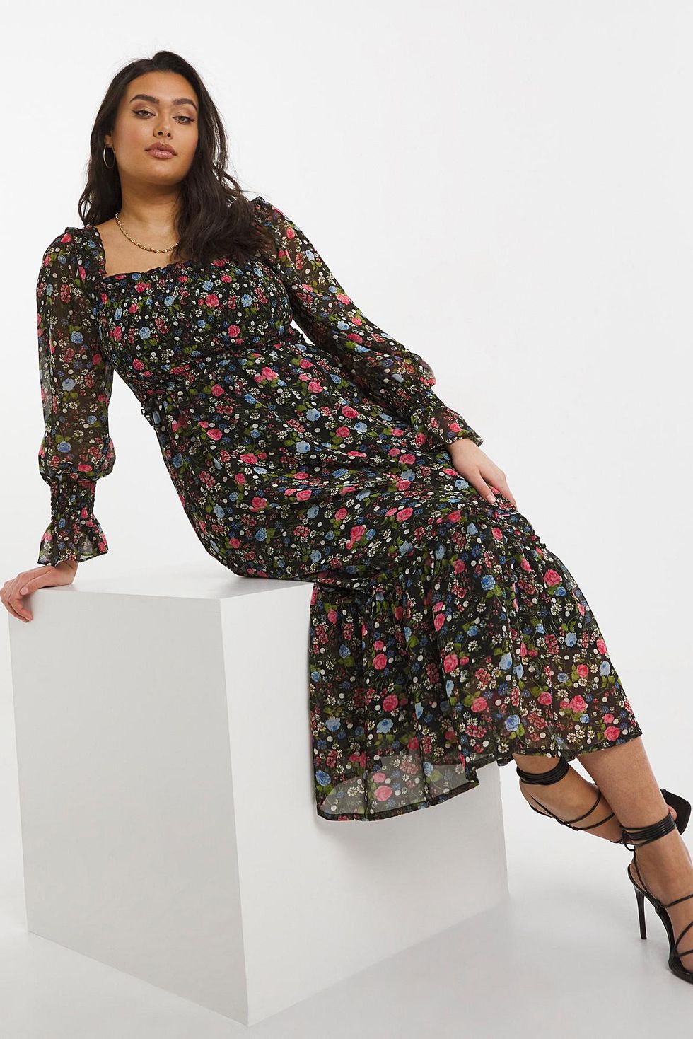 Black Floral Simply Beautiful Square Neck Tiered Midi Dress: Floral dresses
