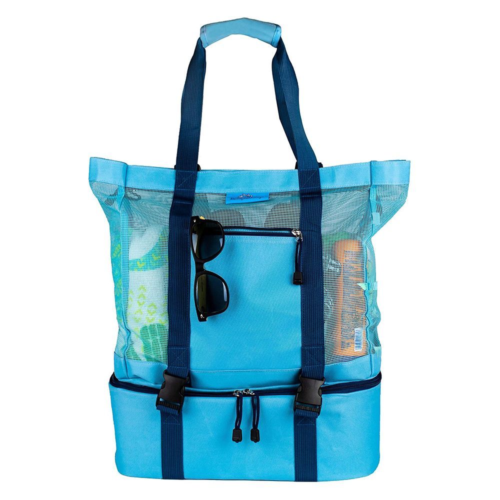 LIVACASA Mesh Large Beach Bag Tote Zipper with Insulated Pocket Storage Beach Cooler Bag Travel Picnic Cooling Bag Dry Wet Depart Summer Holiday BBQ Outdoors Camping Blue Stripes 