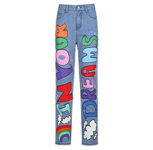 Rainbow and Letters Print Jeans Casual Straight Leg Denim Jeans 