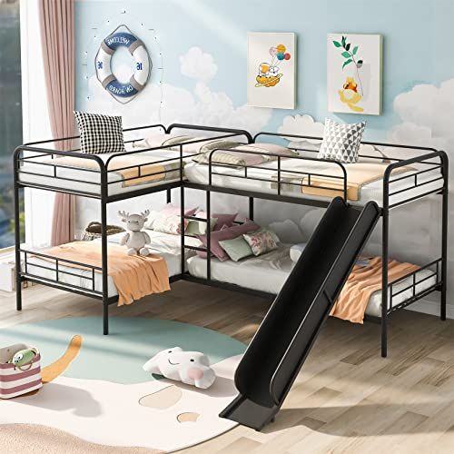L-Shaped Quad Bunk Beds with Slide