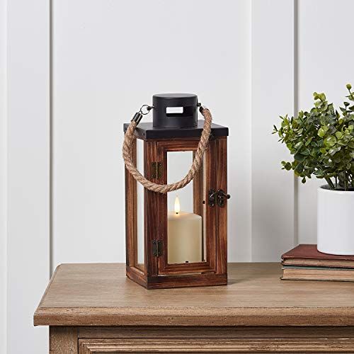 Wooden Battery Operated LED Candle Lanterns with Rope Handles for Garden Patio 