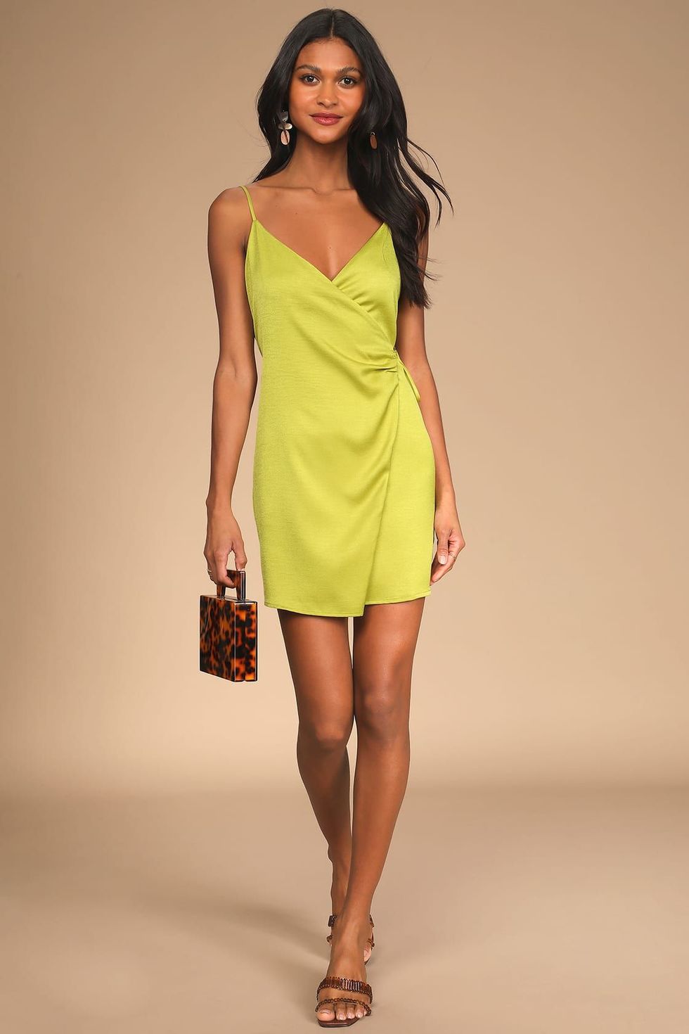 Lulus Vivid Vibes Lime Green Satin Ruched Wrap Mini Dress