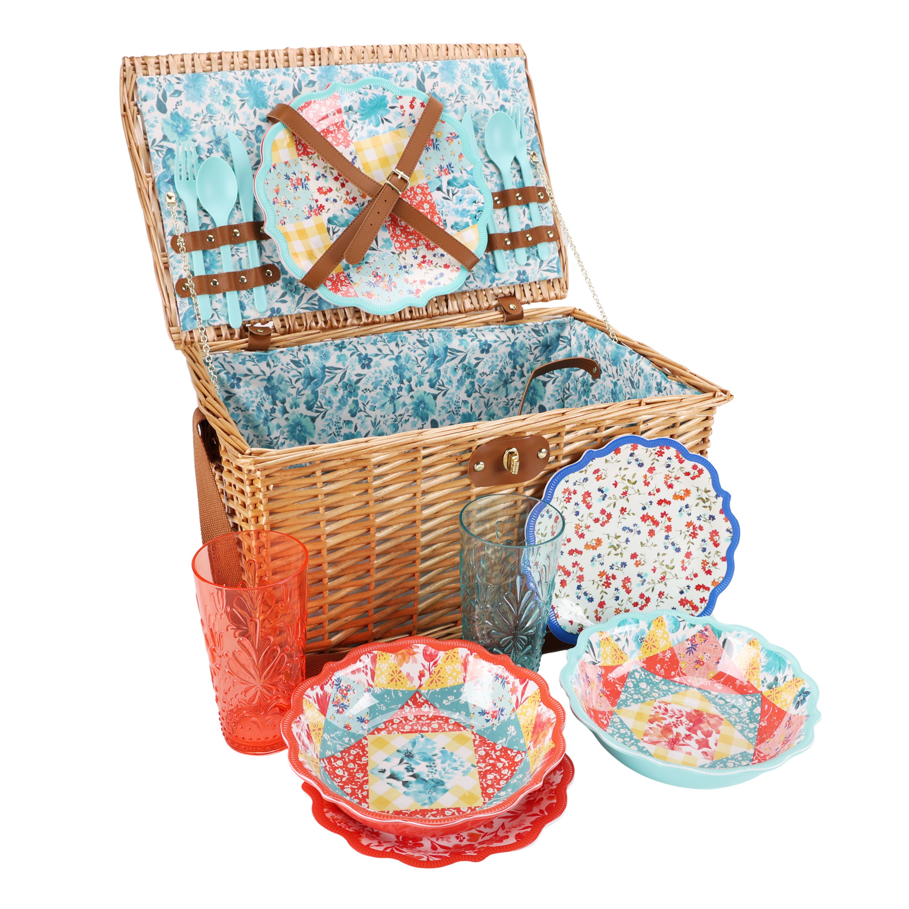 The Pioneer Woman 15-Piece Service for Two Patchwork Medley Picnic Basket Set