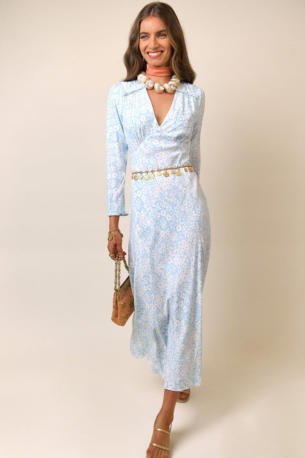 CLOVER - PRIMROSE DAISY BLUE Long Sleeve Midi Dress