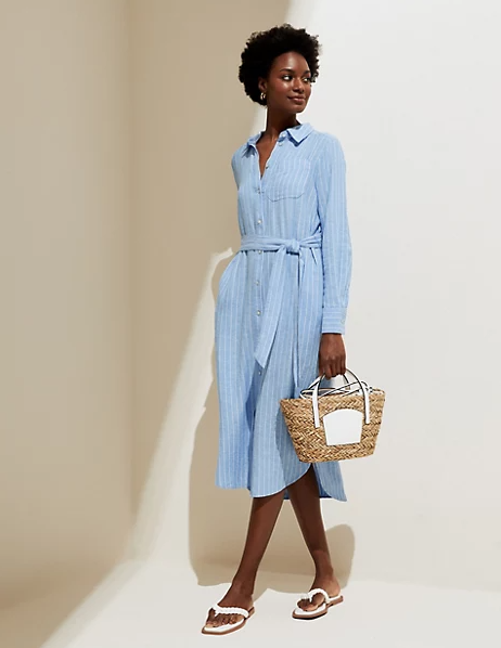 Linen Rich Striped Midi Shirt Dress