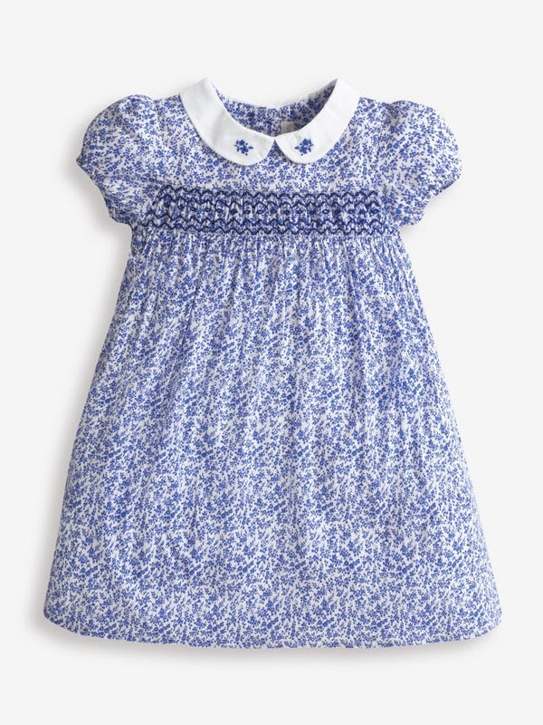 Girls' Blue Ditsy Print Smocked Dress
