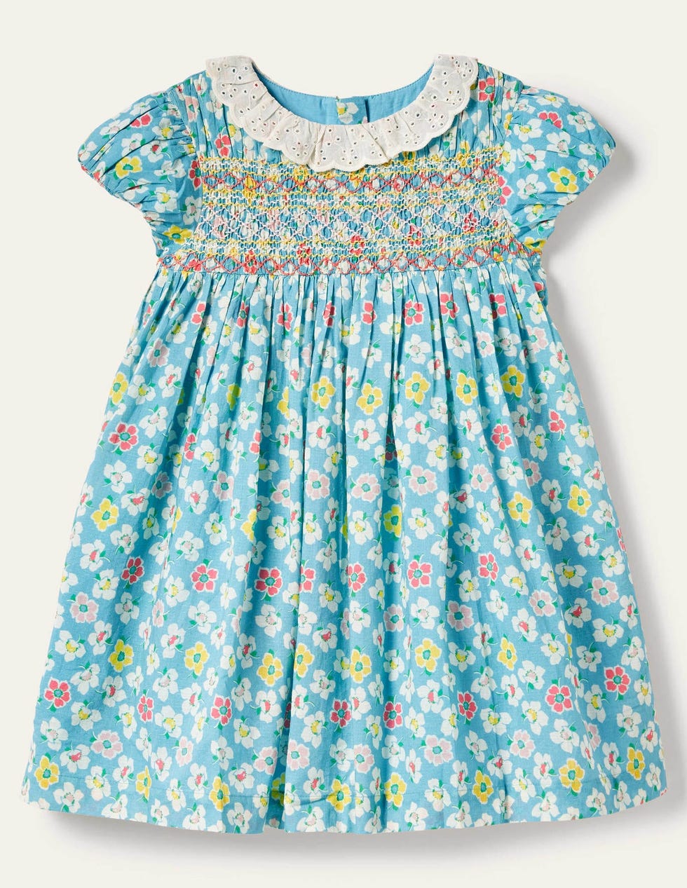 Blue Floral Puff Sleeved Smocked Dress