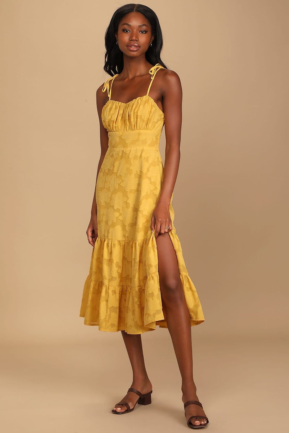 Lulus Sweet Sentiments Mustard Yellow Jacquard Tiered Midi Dress
